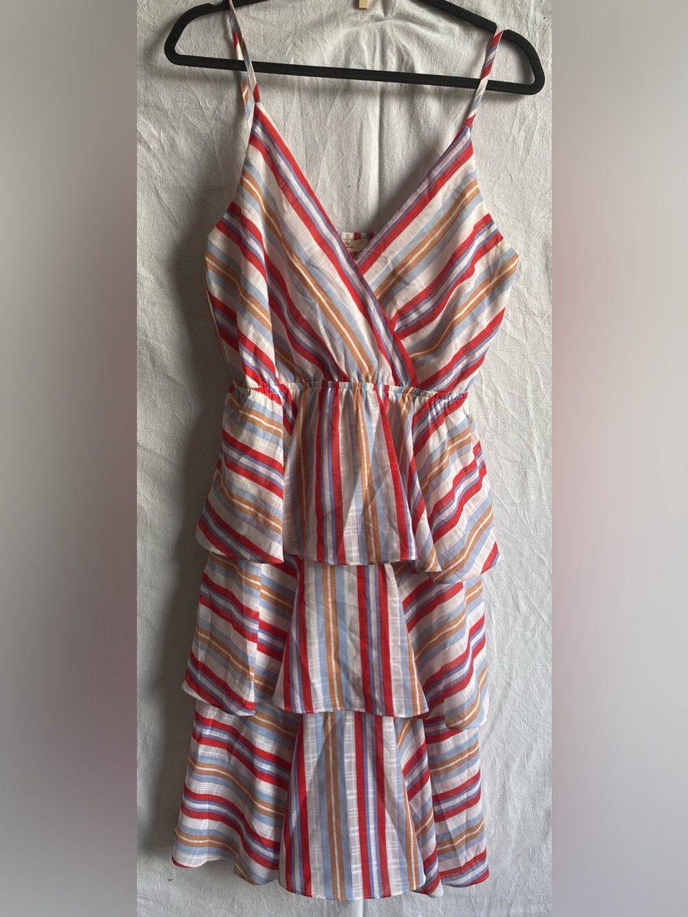 entro Multicolor Striped V-Neck Tiered Dress SZ M